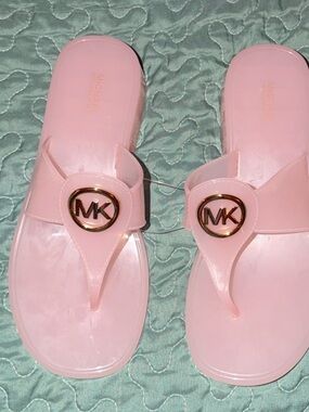 Michael Kors Pink Logo Jelly Thong Sandals with Gold MK Emblem